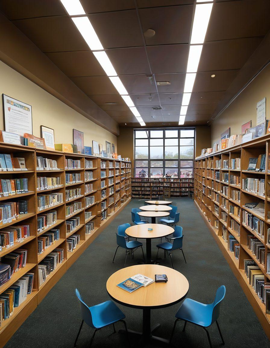 A bright, welcoming library bustling with diverse community members engaging in workshops, book clubs, and storytime sessions. Shelves of colorful books, friendly librarians, and interactive displays create a dynamic, inclusive atmosphere. Banners showcasing various events and programs add a vibrant touch. super-realistic. vibrant colors. cozy and inviting ambiance.