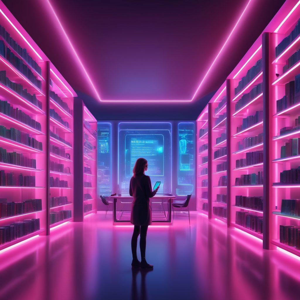 A vibrant, futuristic library with glowing rows of digital bookshelves filled with ebooks and audiobooks, patrons using tablets and smartphones to access a vast online catalog. An inviting, high-tech environment with neon accents, featuring a digital librarian hologram assisting users. vector art. vibrant colors.